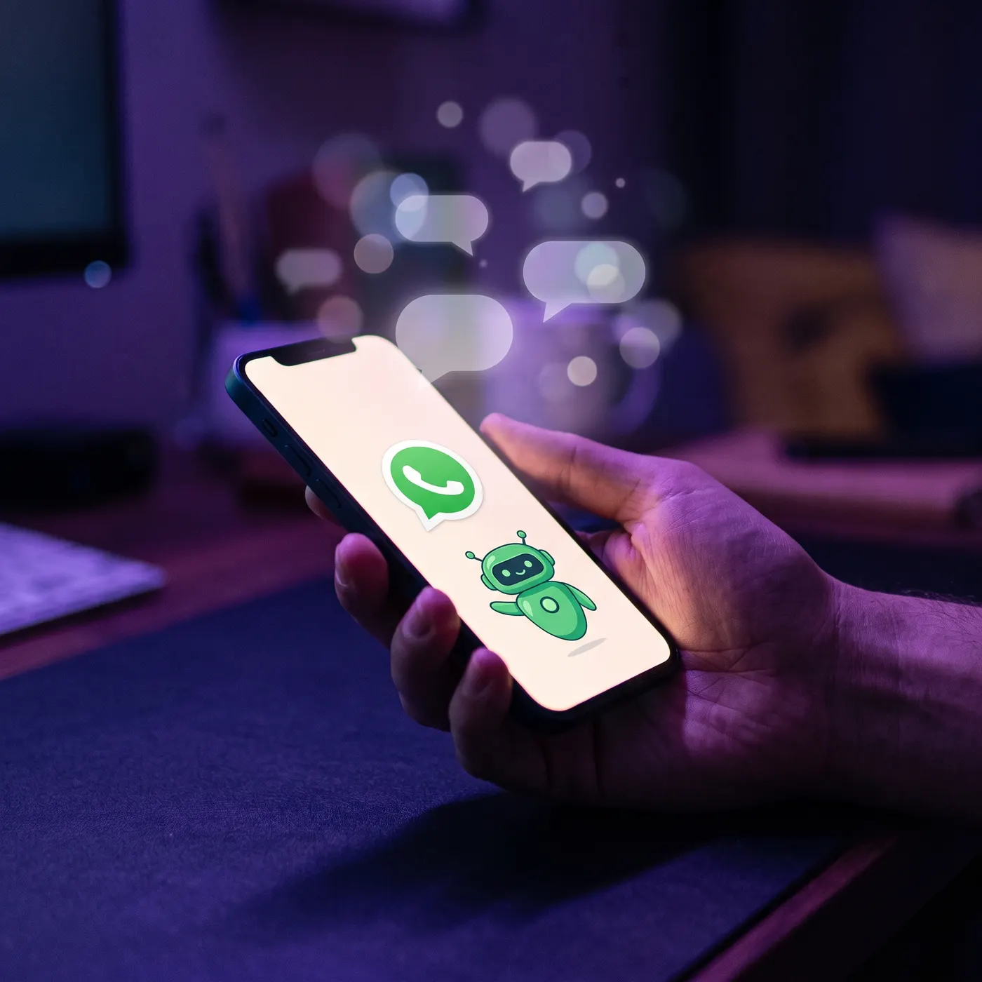 Celular mostrando el ícono de WhatsApp y un bot conversacional